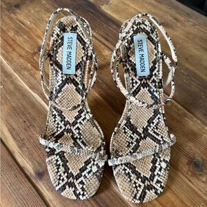 Steve Madden Women's Snake-Print Strappy Heels in Tan/Brown (size 7)